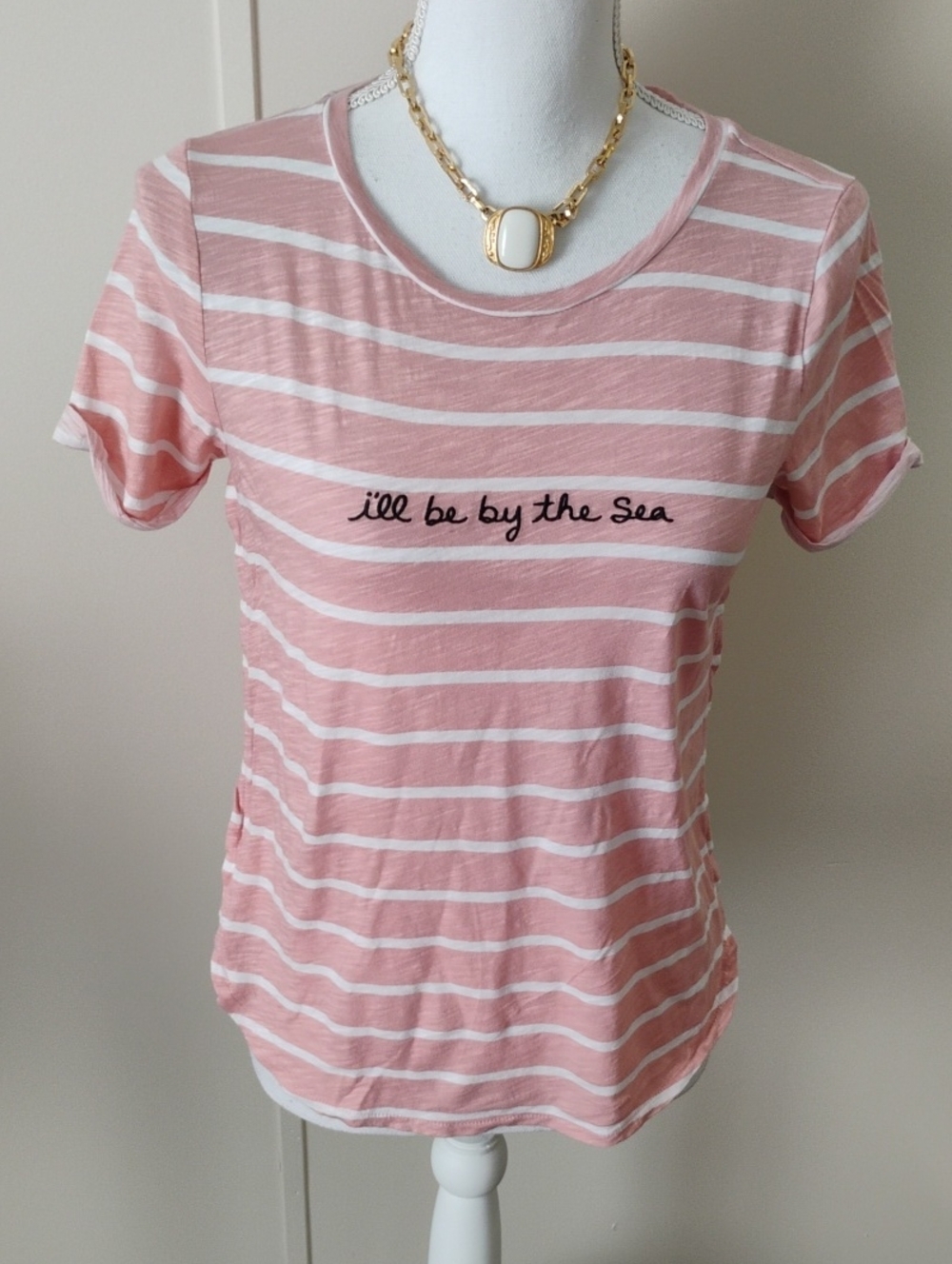 LOFT Pink & White Striped Short Sleeve Tee with 'I'll Be By The Sea' Embroidery